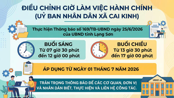 UBND XÃ CAI KINH THÔNG BÁO ĐIỀU CHỈNH GIỜ LÀM VIỆC HÀNH CHÍNH